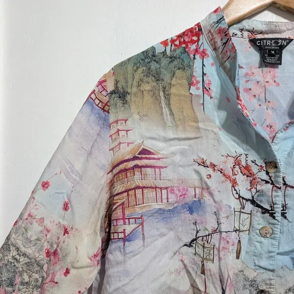 Citron Santa Monica Blouse Top Enhanced Cranes Forest Japan Cherry Blossom Asia - Picture 2 of 7